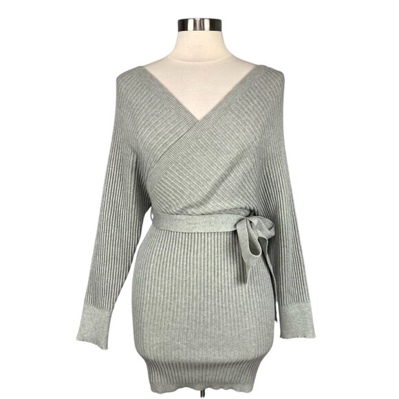 Womens Gray Batwing Sleeve Wrap Sweater Dress Belted Cutout Back size Large - Picture 6 of 15
